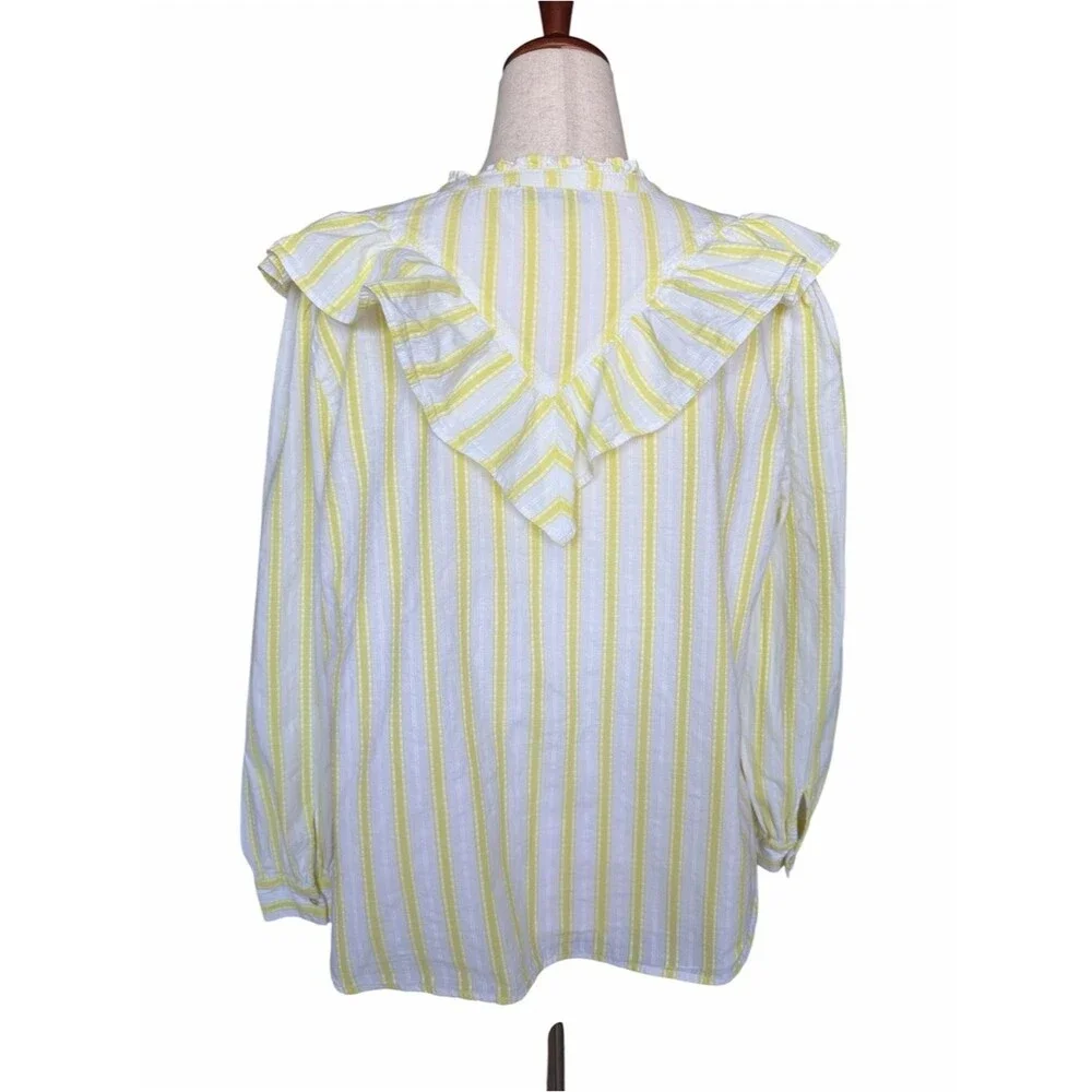 LOFT XL Yellow White Stripe Ruffle Collar Button Front Cotton Blouse Cottage